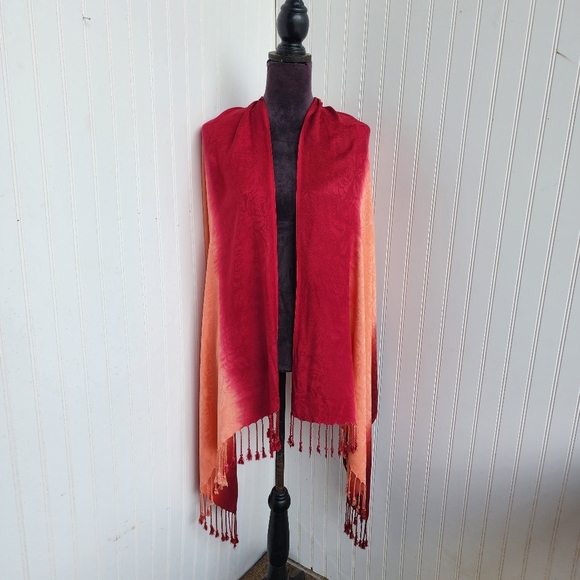 Rachele Burgundy Orange Ombré Scarf Fringe Viscose Soft 77"×28" - Picture 9 of 12